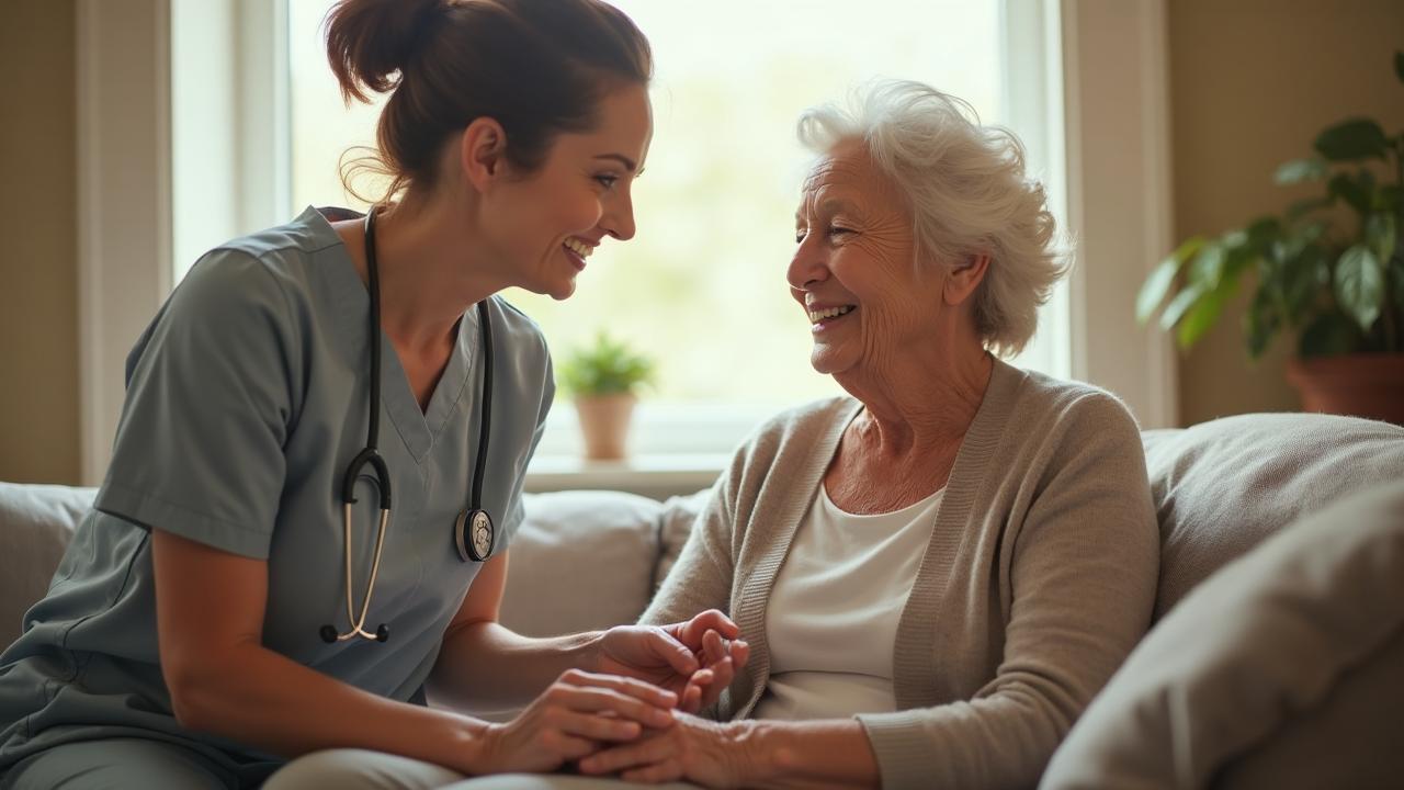 Professional caregiver providing compassionate care to elderly woman at home